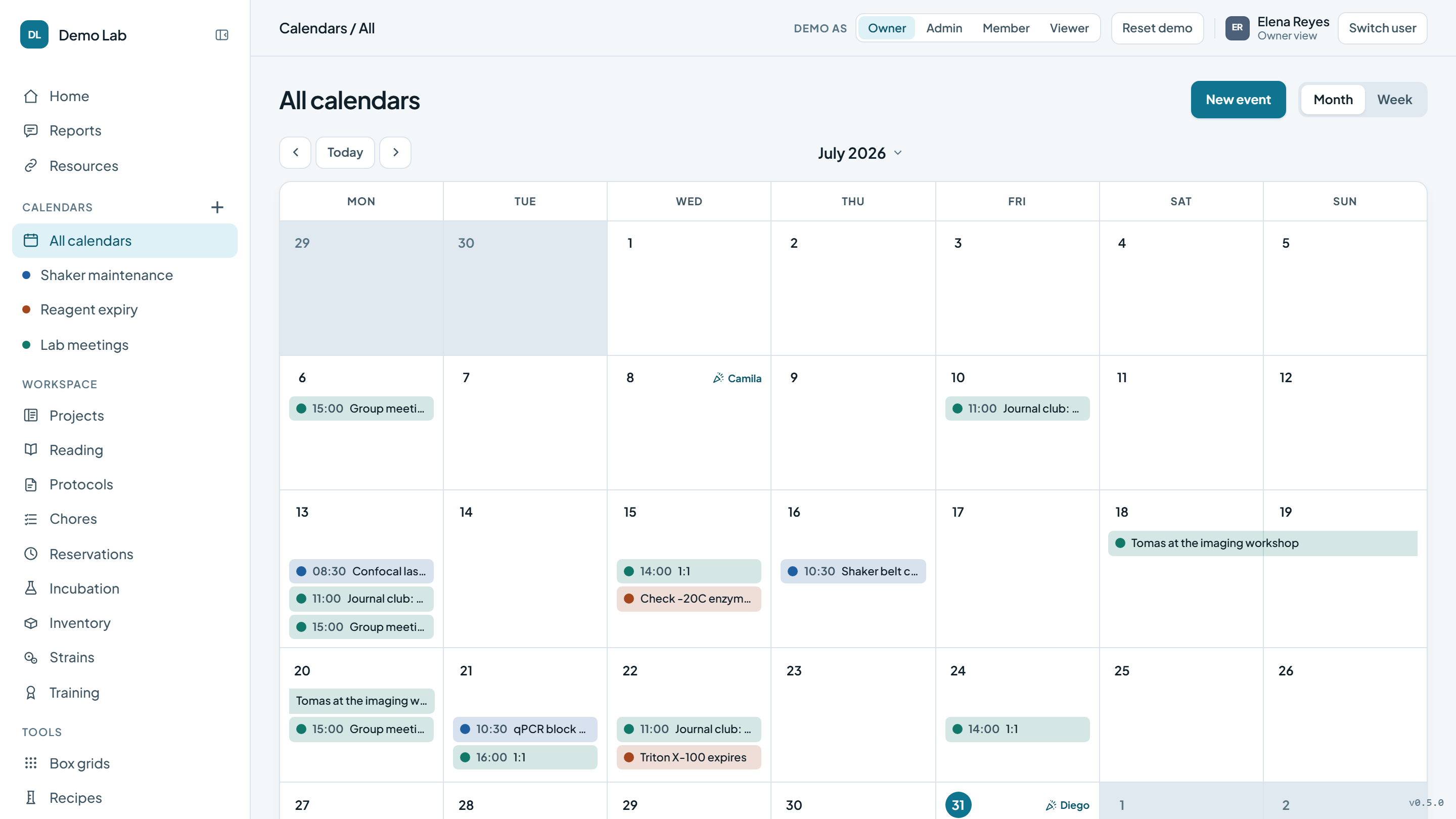 The lab's shared calendars in a month view, each calendar a different colour