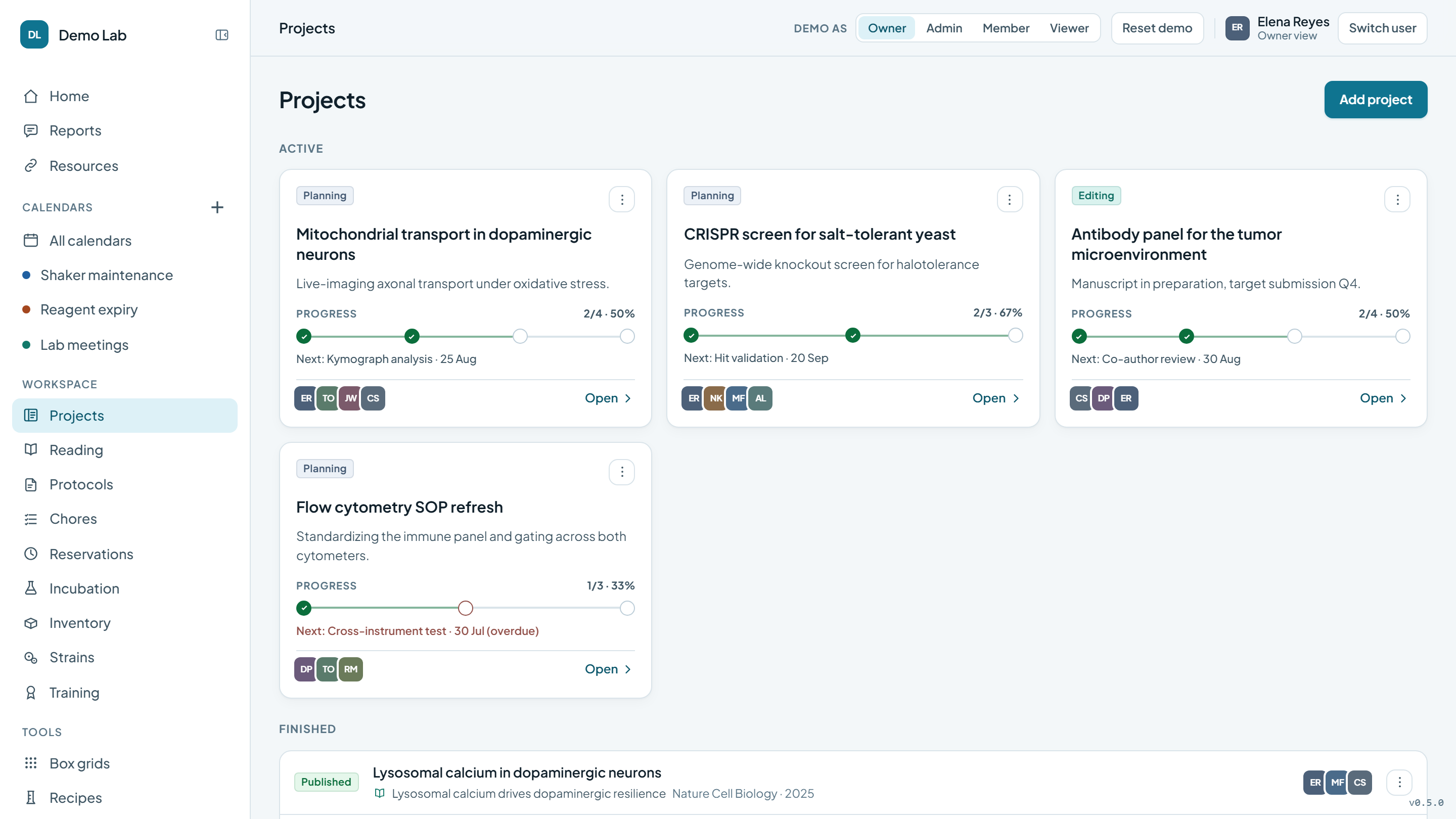 Project cards showing status, the people on each one, a progress bar and the next milestone
