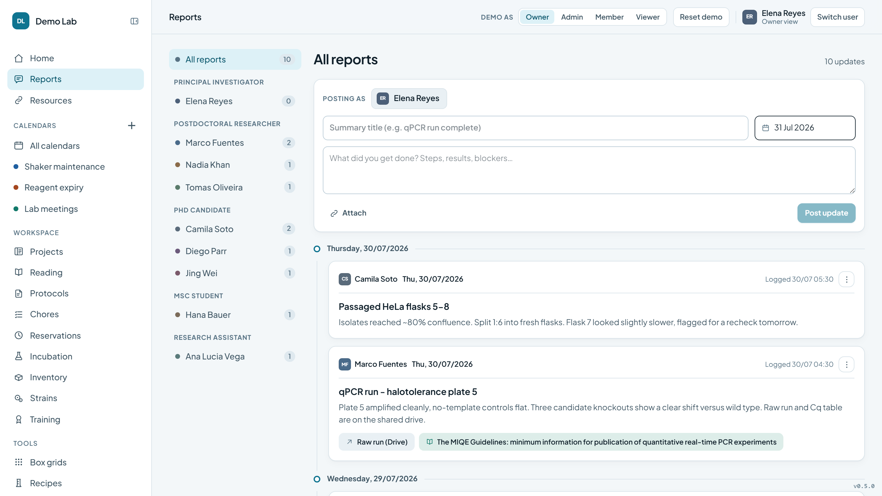 Member reports on personal timelines, grouped by role, with dated updates and attached links