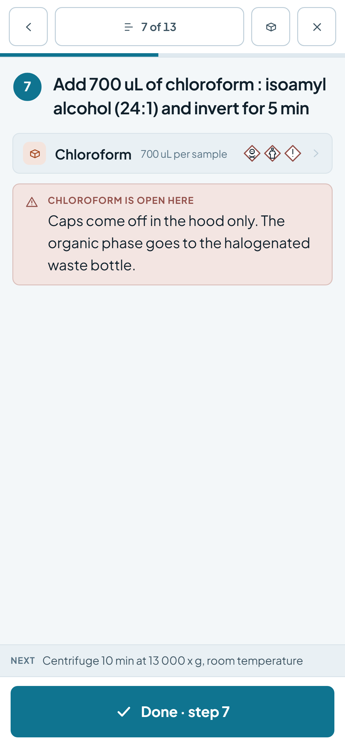 A protocol running on a phone: one step filling the screen with its reagent, its hazard, the next step named at the foot and a full-width done button